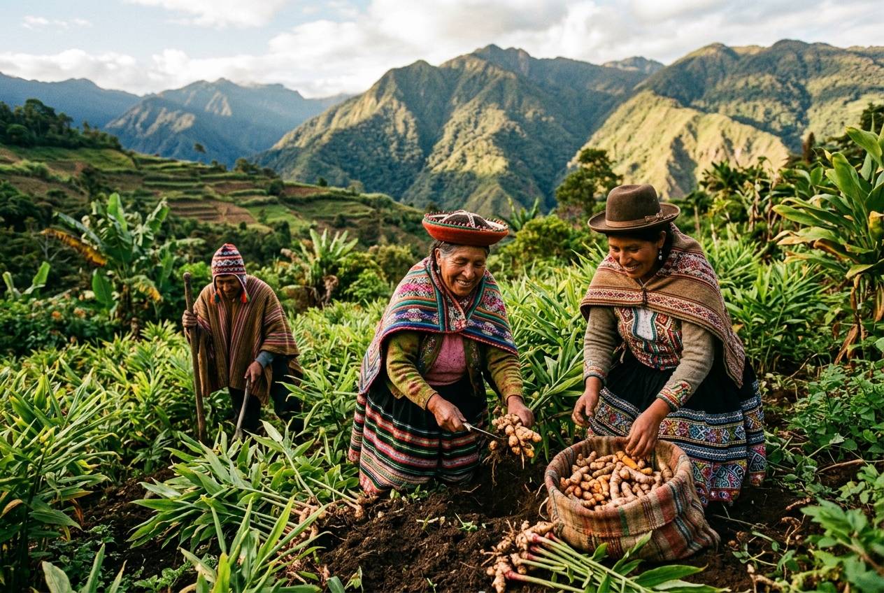 Agricultores peruanos cosechando ingredientes orgánicos de forma sostenible